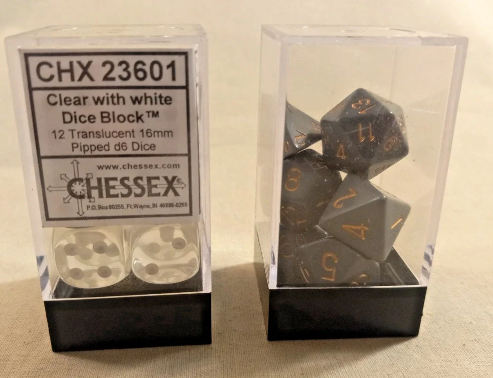 2 Dice - Clear with White D6 16mm Dice CHX 23601 & Grey with Gold Multi Sided